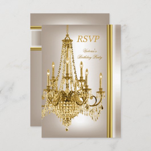 RSVPバースデーパーティー金ゴールドホワイトクリームシャンデリア2 出欠カード (正面/裏面)