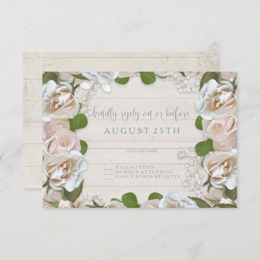 RSVPバーン素朴フローラリース赤面ピンクローズ 出欠カード (正面/裏面)