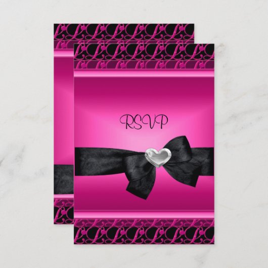 RSVPパーティーシルバーハートピンクブラック 出欠カード (正面/裏面)