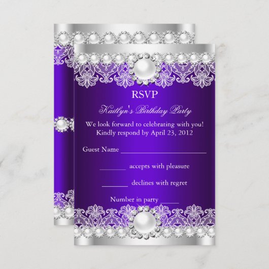 RSVPパープエレガントル王室のレースパール誕生日 招待状 (正面/裏面)