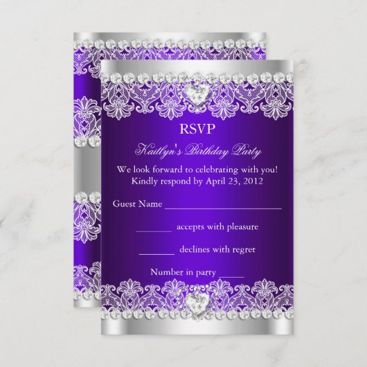 RSVPパープルエレガントレース王室のシルクバースデーパーティー 出欠カード (正面/裏面)