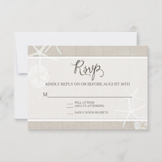 RSVPビーチ結婚式スターフィッシュダマスクウッドシンプル 出欠カード (正面)