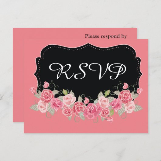 RSVPピンクかわいらしとブラック インビテーションポストカード (正面/裏面)