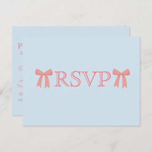 RSVPピンクの弓(青い背景) インビテーションポストカード (正面/裏面)