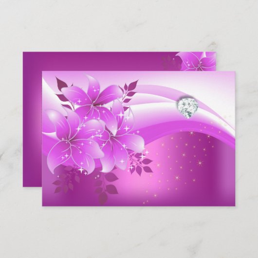 RSVPピンクエレガントフローラダイヤモンドジュエルパーティー 出欠カード (正面/裏面)