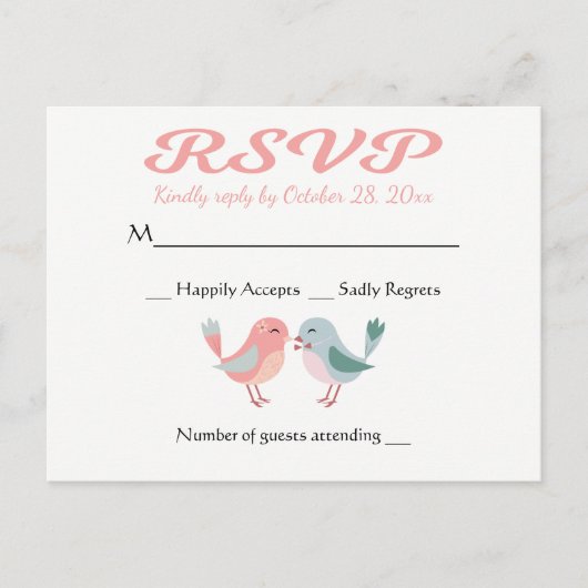 RSVPピンク&ブルーラブバード結婚式パーティー インビテーションポストカード (正面)