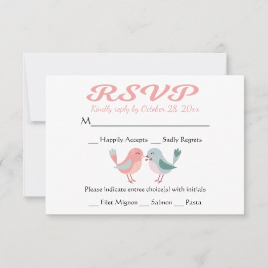 RSVPピンク&ブルーラブバード結婚式パーティー 出欠カード (正面)