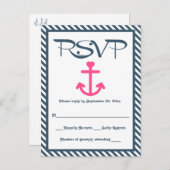 RSVPピ航海のンクいかりネイビーストライプブル結婚ズ インビテーションポストカード (正面/裏面)