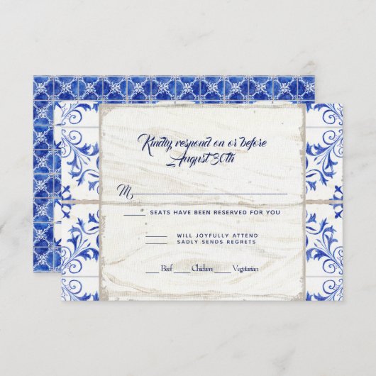 RSVPファームハウスファームラピスブルーホワイトウッド素朴 出欠カード (正面/裏面)