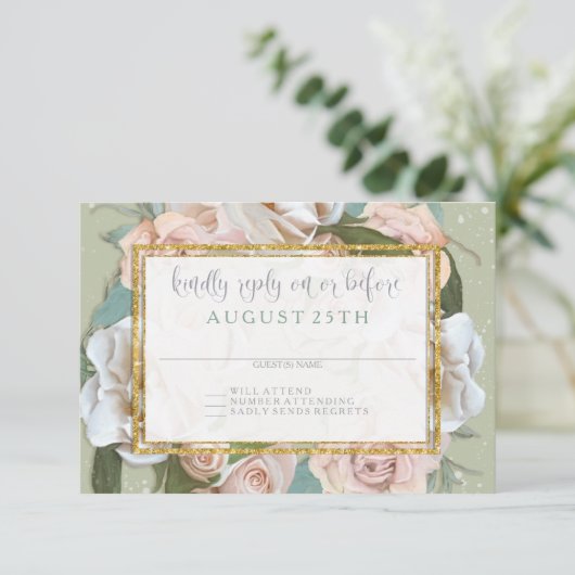 RSVPフランスのフローラリース赤面ピンクローズ金ゴールド 出欠カード (スタンド正面)