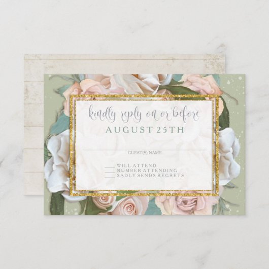 RSVPフランスのフローラリース赤面ピンクローズ金ゴールド 出欠カード (正面/裏面)