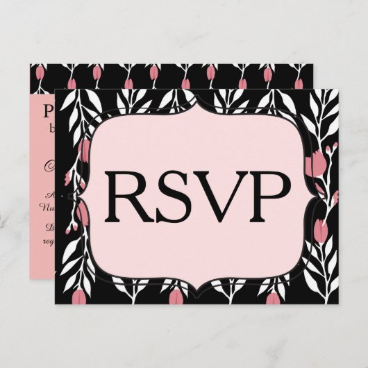 RSVPフローラピンク白と黒 インビテーションポストカード (正面/裏面)
