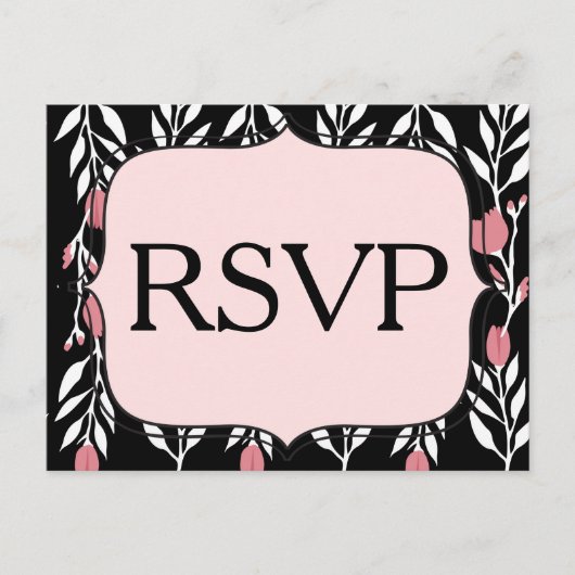 RSVPフローラピンク白と黒 インビテーションポストカード (正面)