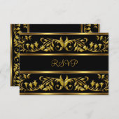 RSVPブラックエレガント&金ゴールドフローラ誕生日パーティー 出欠カード (正面/裏面)