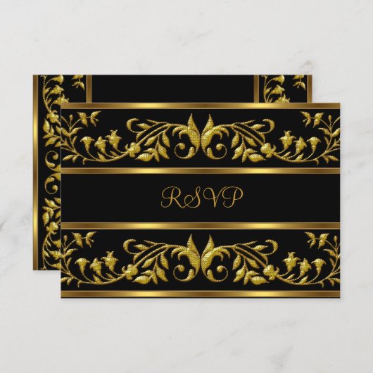 RSVPブラックエレガント&金ゴールドフローラ誕生日パーティー 出欠カード (正面/裏面)