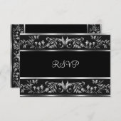 RSVPブラック&エレガントシルバーフローラ誕生日パーティー 出欠カード (正面/裏面)