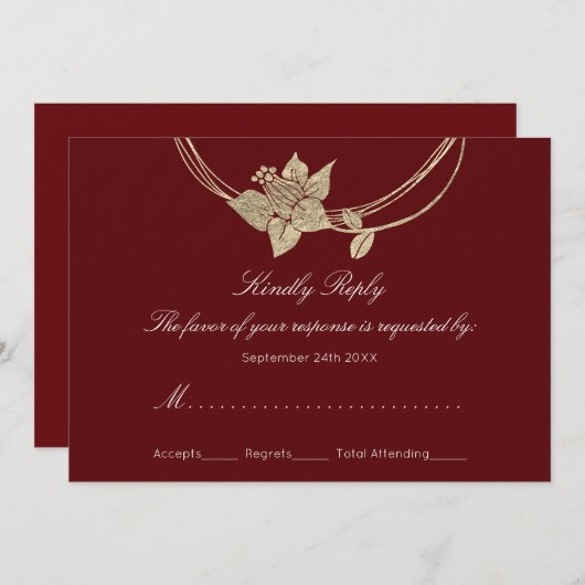 RSVPブルガンディマルーン金ゴールドフローラ結婚リース 招待状 (正面/裏面)