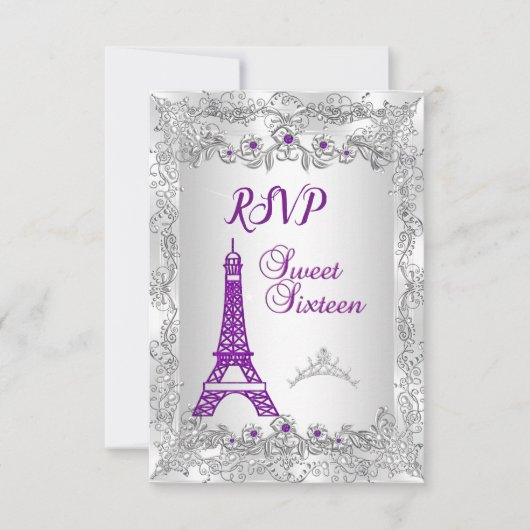 RSVPプリンセススウィート16パープルシルバーフォトパーティー 招待状 (正面)