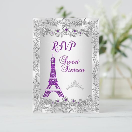 RSVPプリンセススウィート16パープルシルバーフォトパーティー 招待状 (スタンド正面)