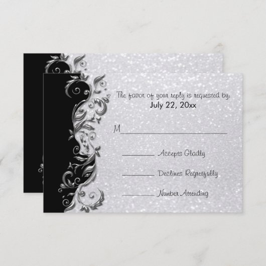 RSVPホワイトグリッター、ブラック&シルバーフローラ結婚ズ 出欠カード (正面/裏面)
