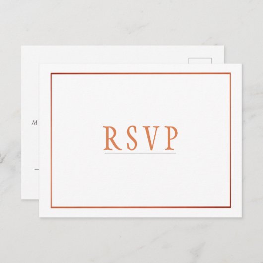 RSVPホワイトコッパーシンプルオレンジ結婚色 インビテーションポストカード (正面/裏面)