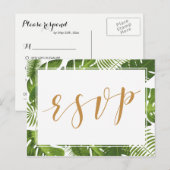 RSVPポストカード熱帯金ゴールドとグリーン結婚ズ インビテーションポストカード (正面/裏面)