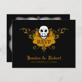 RSVPポストカ結婚ー – ハロウィーンスカルオレンジ&ブラック インビテーションポストカード (正面/裏面)