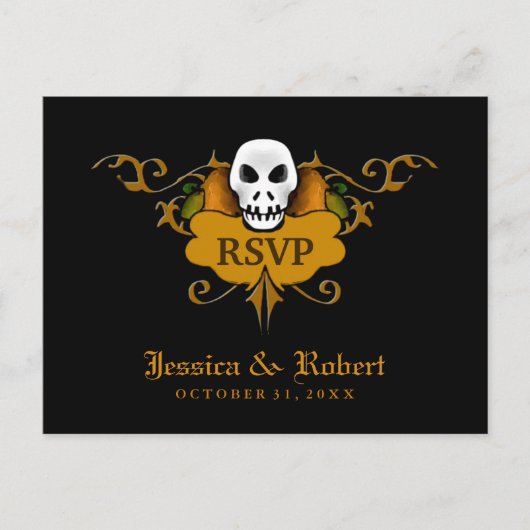 RSVPポストカ結婚ー – ハロウィーンスカルオレンジ&ブラック インビテーションポストカード (正面)