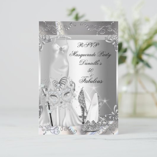 RSVPマスカレードパーティー素晴らしい50シルバー 出欠カード (スタンド正面)