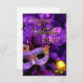 RSVPマスカレードパープル金ゴールドダンスパーティー 出欠カード (正面/裏面)