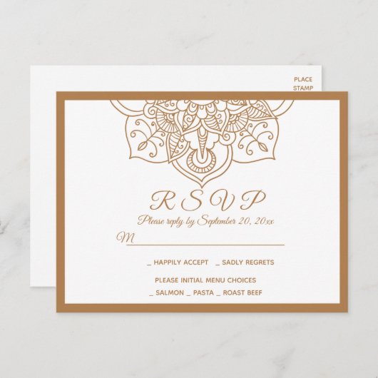 RSVPマンダラブラウンボホインディアン結婚ズモダン インビテーションポストカード (正面/裏面)