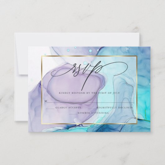 RSVPマーブルエレガントインクアクア鮮やかバイオレット 出欠カード (正面)