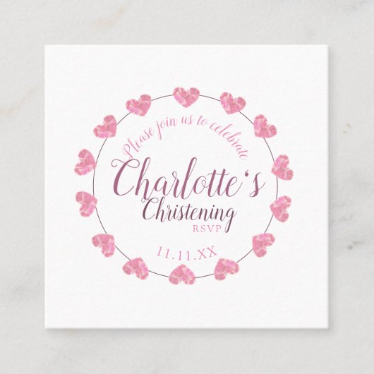 RSVPミニピンク&ホワイト《キリスト教》洗礼式や命名式娘 スクエア名刺 (正面)