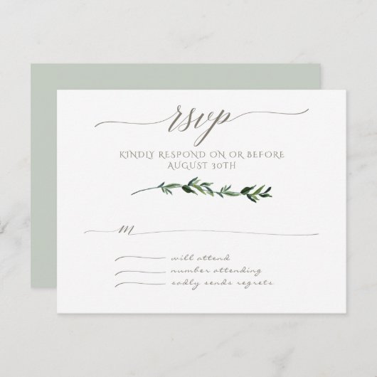 RSVPミニマリストモダンリーフ離れアートタイポグラフィ 出欠カード (正面/裏面)