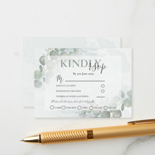 RSVPユーカリ素朴プトゥスセージ結婚グリーン エンクロージャーカード (正面/裏面インサイチュ)