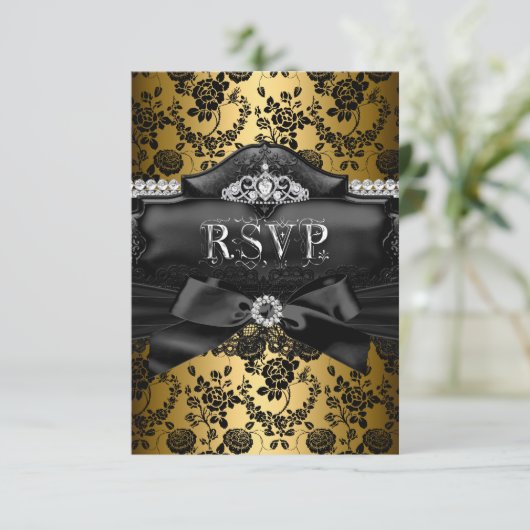 RSVPリプライかわいらしティアラ&ボウ金ゴールドスウィート16 出欠カード (スタンド正面)
