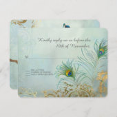 RSVPレスポンスピーコックフェザー金ゴールドエレガントな結婚式 出欠カード (正面/裏面)