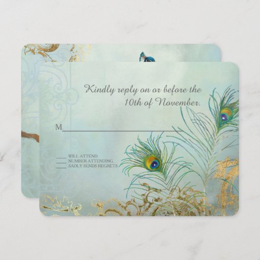 RSVPレスポンスピーコックフェザー金ゴールドエレガントな結婚式 出欠カード (正面/裏面)