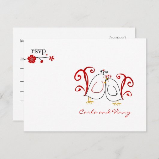 RSVPロブバードとさくらんぼ花開きPC インビテーションポストカード (正面/裏面)