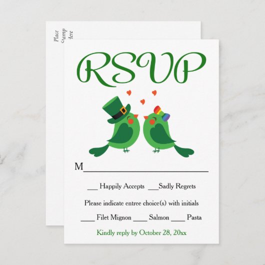 RSVPロベバードグリーン&ホワイトウェディングパーティードカード インビテーションポストカード (正面/裏面)