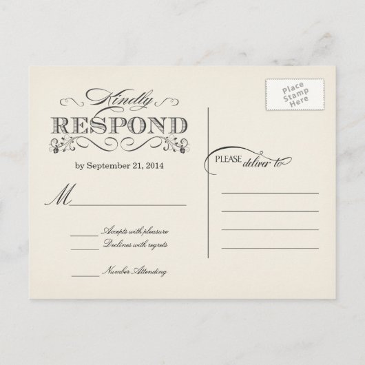 RSVPヴィンテージホワイト結婚の返信はがき インビテーションポストカード (裏面)