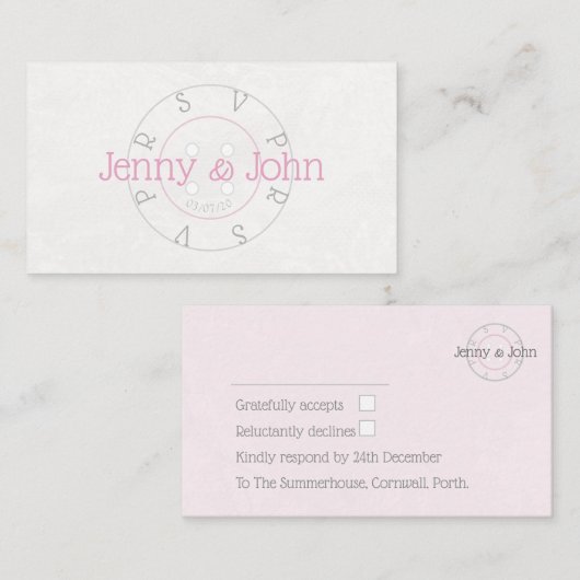 RSVPヴィンテージレースとピンクボタン裁縫カード エンクロージャーカード (正面/裏面)