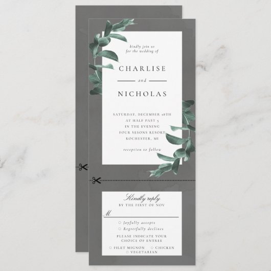 rsvp付きのグレー結婚式招待状上のEucalyptusフレーム 招待状 (正面/裏面)