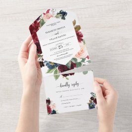 RSVP付きのBurgundy Red Navy結婚フローラズ オールインワン招待状