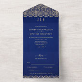 RSVP付きオールインクルーシブ結婚ブルー金ゴールドレース オールインワン招待状 (内側)