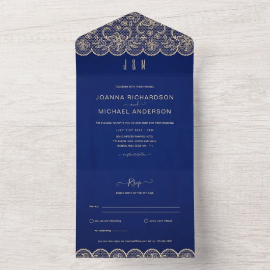 RSVP付きオールインクルーシブ結婚ブルー金ゴールドレース オールインワン招待状 (内側)