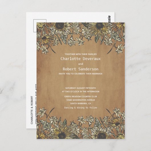 RSVP付き素朴ひまわり結婚式招待状 ポストカード (正面/裏面)