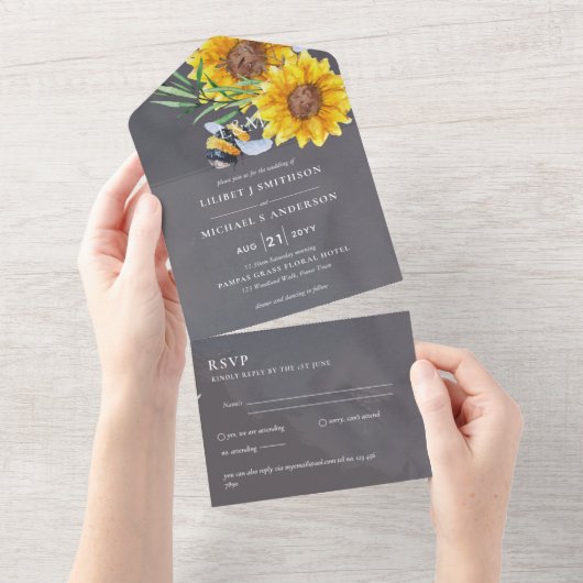 RSVP付き ウェディング 招待状 ラスティック サンフラワーズ ビーズ (貼ってはがせる)