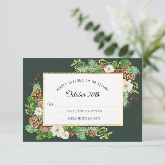 RSVP冬の森のクリスマスフローラ水色 招待状 (スタンド正面)