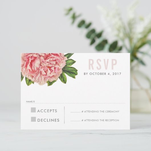RSVP回答応答シックなピンクのフローラ牡丹の花 出欠カード (スタンド正面)